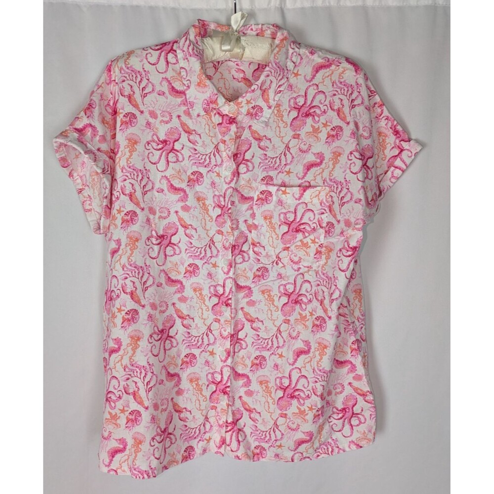 Emily Daniels Sea Life Nautical Linen Blend Button Down Shirt L Quirky Playful